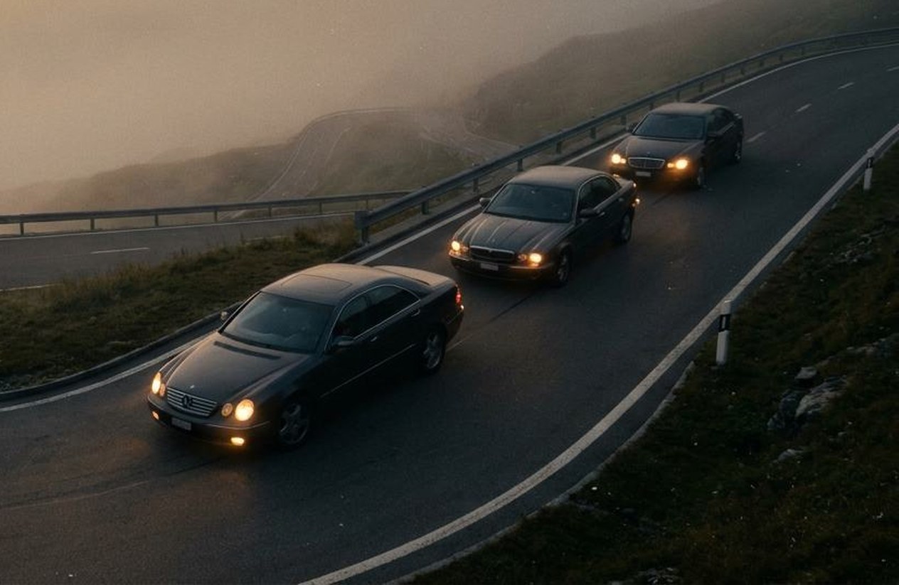 Drei Limousinen des Clubs in einer Kehre auf der Passstrasse im Abendnebel